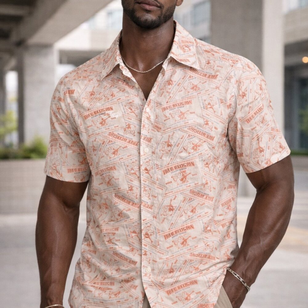 True Religion Graphic Print Button Up Shirt Men's L short Sleeve Y2K Streetwear